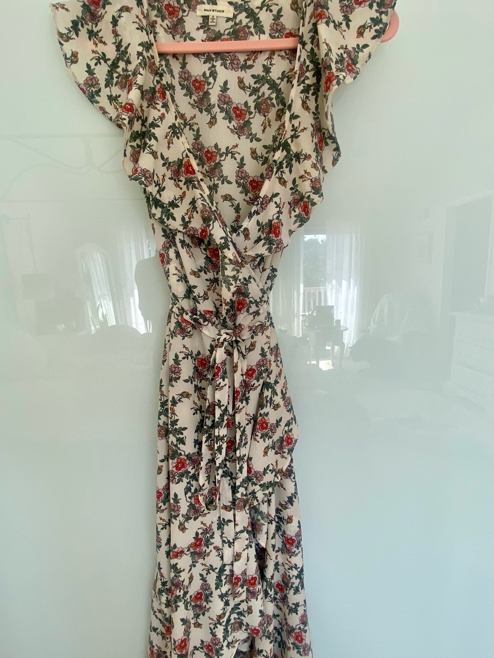 Max Studio Cream Floral Asymmetrical Wrap Dress with Red Roses